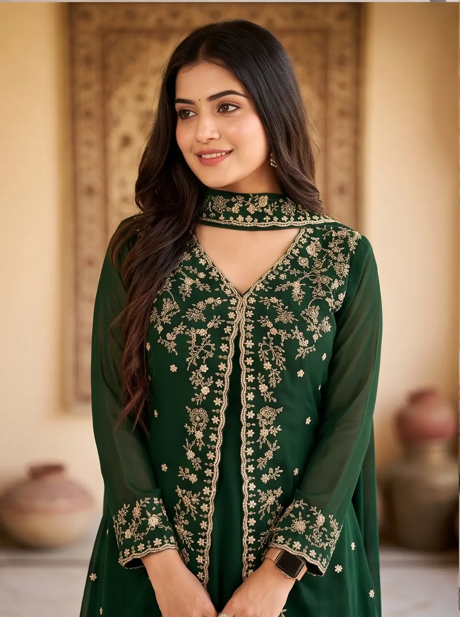 Bottle Green Zari Embroidered Georgette Jacket Style Kurta Set with Dupatta