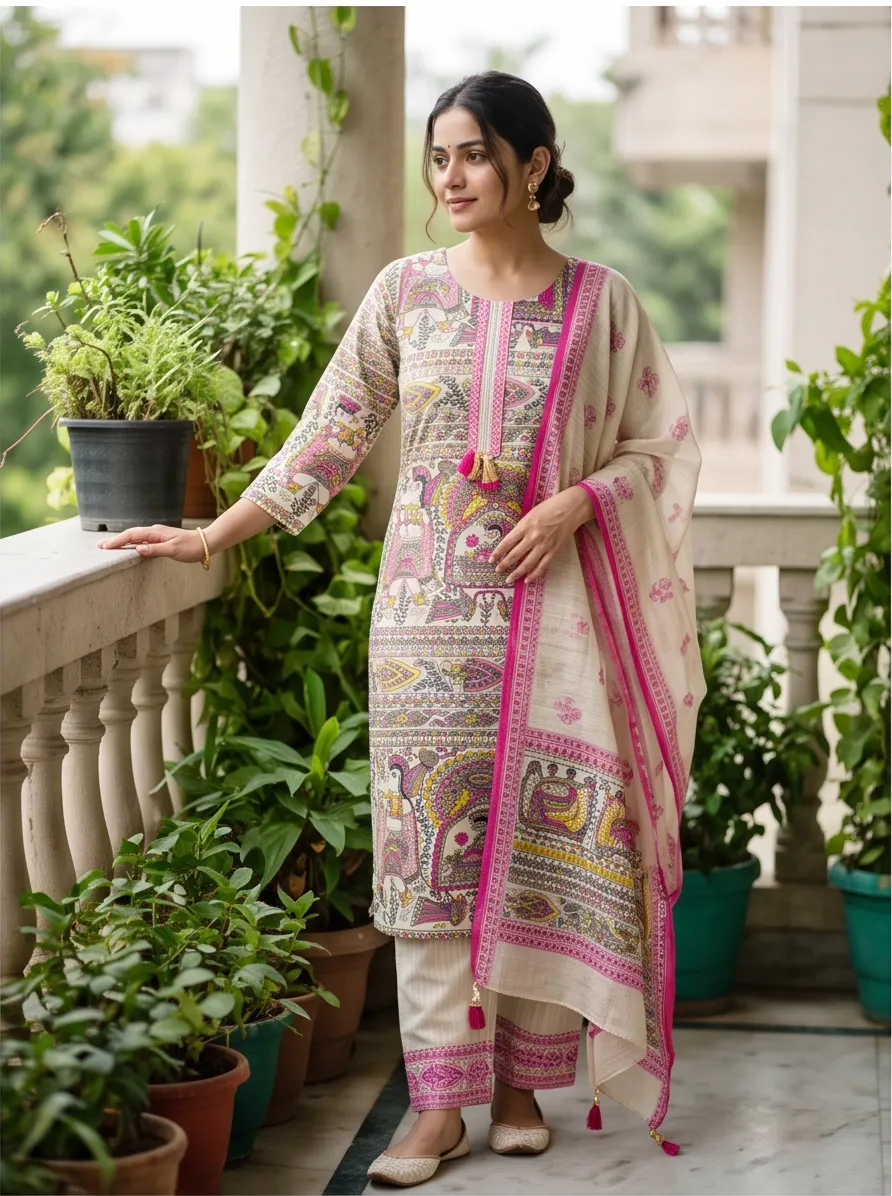 Beige and Pink Kalamkari Floral Print Chanderi Silk Straight Kurta Pant Set with Dupatta