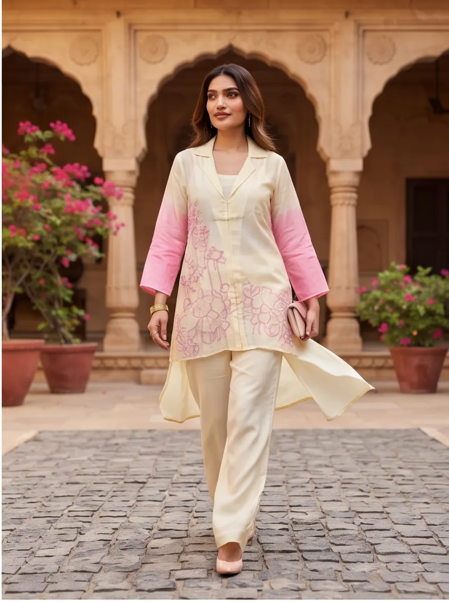 Off-White and Pink Ombre Floral Embroidered Cotton Lapel Collar Tunic and Pant Co-ord Set