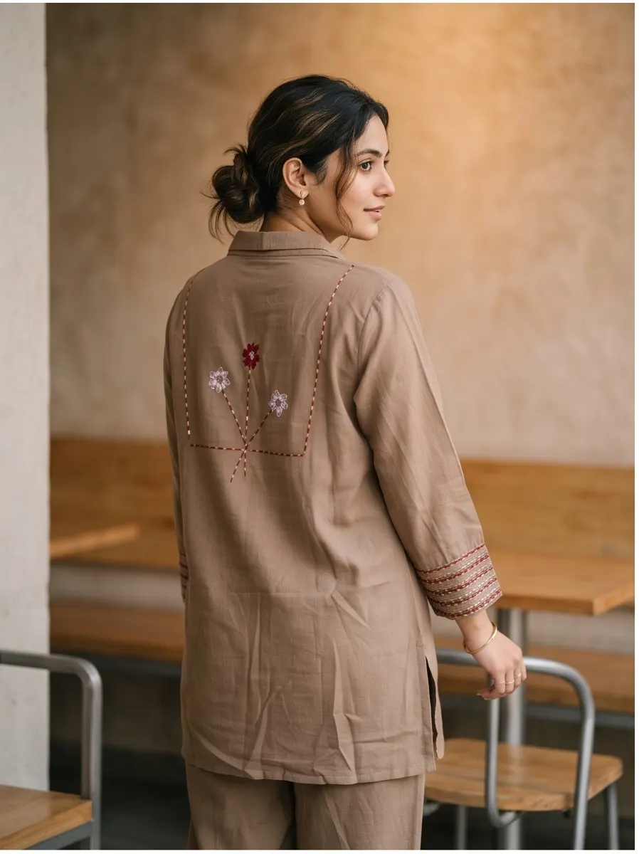 Beige Brown Floral Back Embroidered Cotton Notch Collar Tunic and Pant Co-ord Set