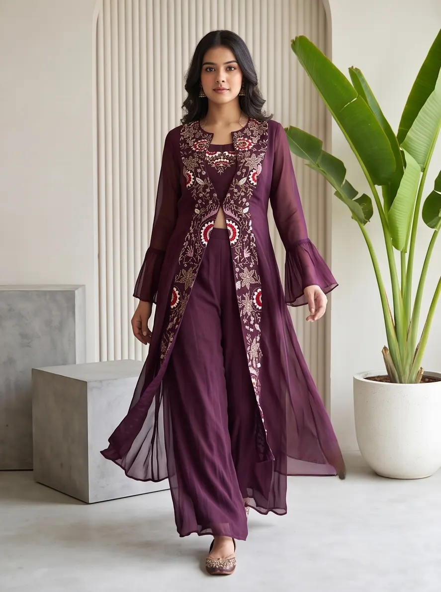 Wine Floral Embroidered Georgette Long Jacket Crop Top and Flared Palazzo Co-ord Set