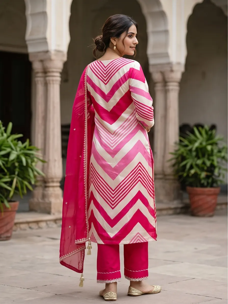 Fuchsia Pink and Off-White Chevron Leheriya Print Silk Kurta Pant Set with Dupatta