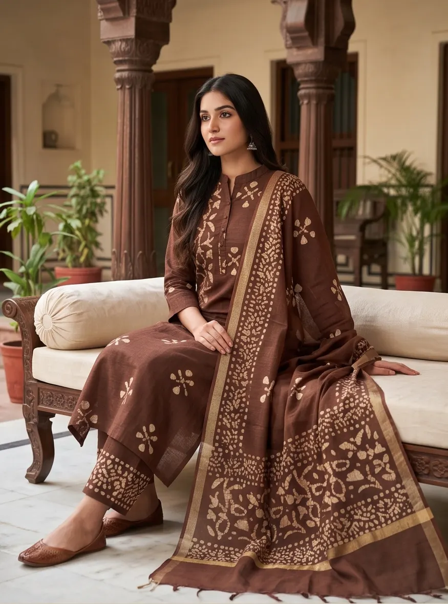 Dark Brown Batik Print Pure Cotton Straight Kurta Pant Set with Dupatta
