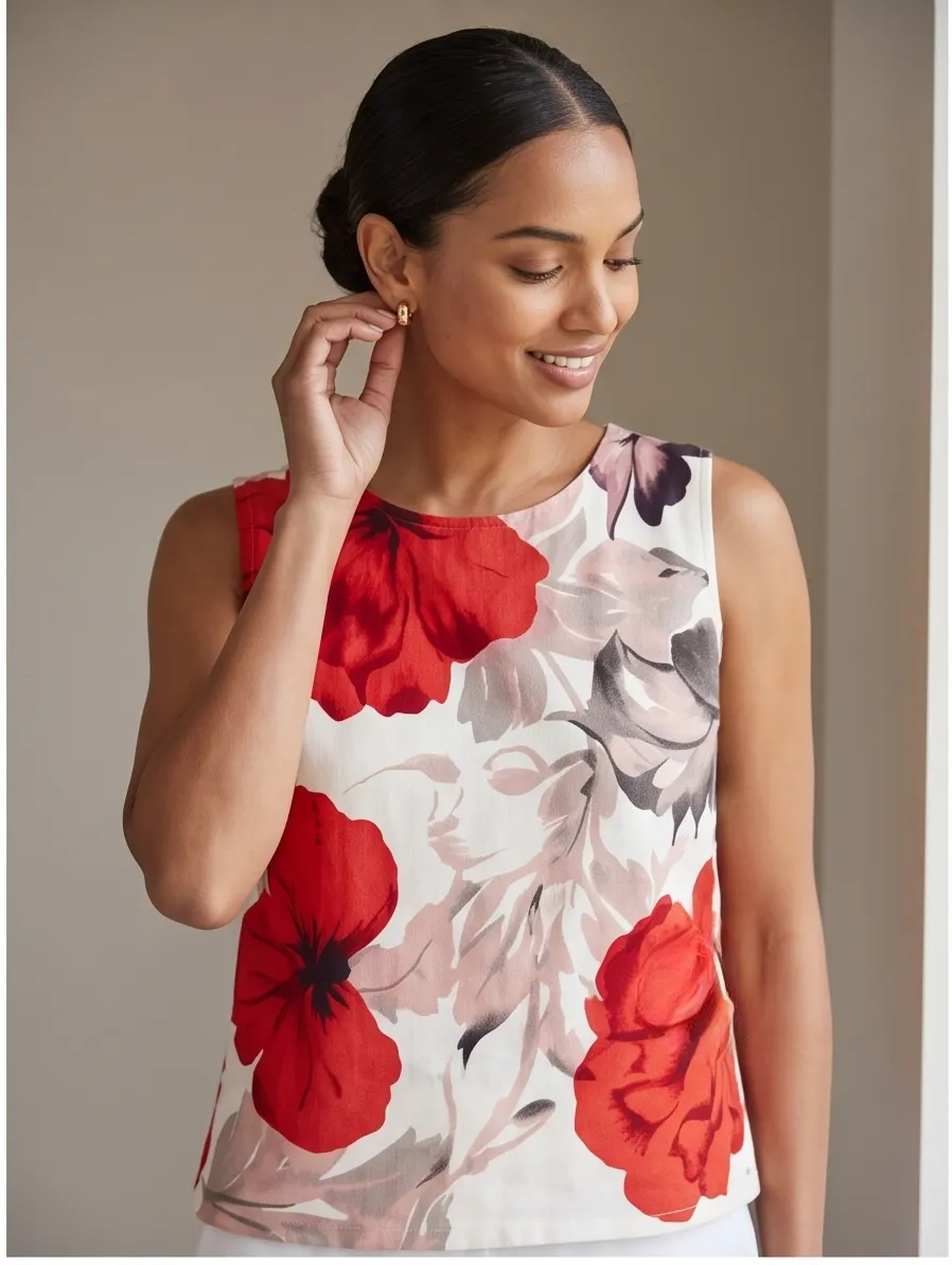 Red Floral Printed Sleeveless Linen Top and Side-Button Wide Leg Pant Co-ord Set