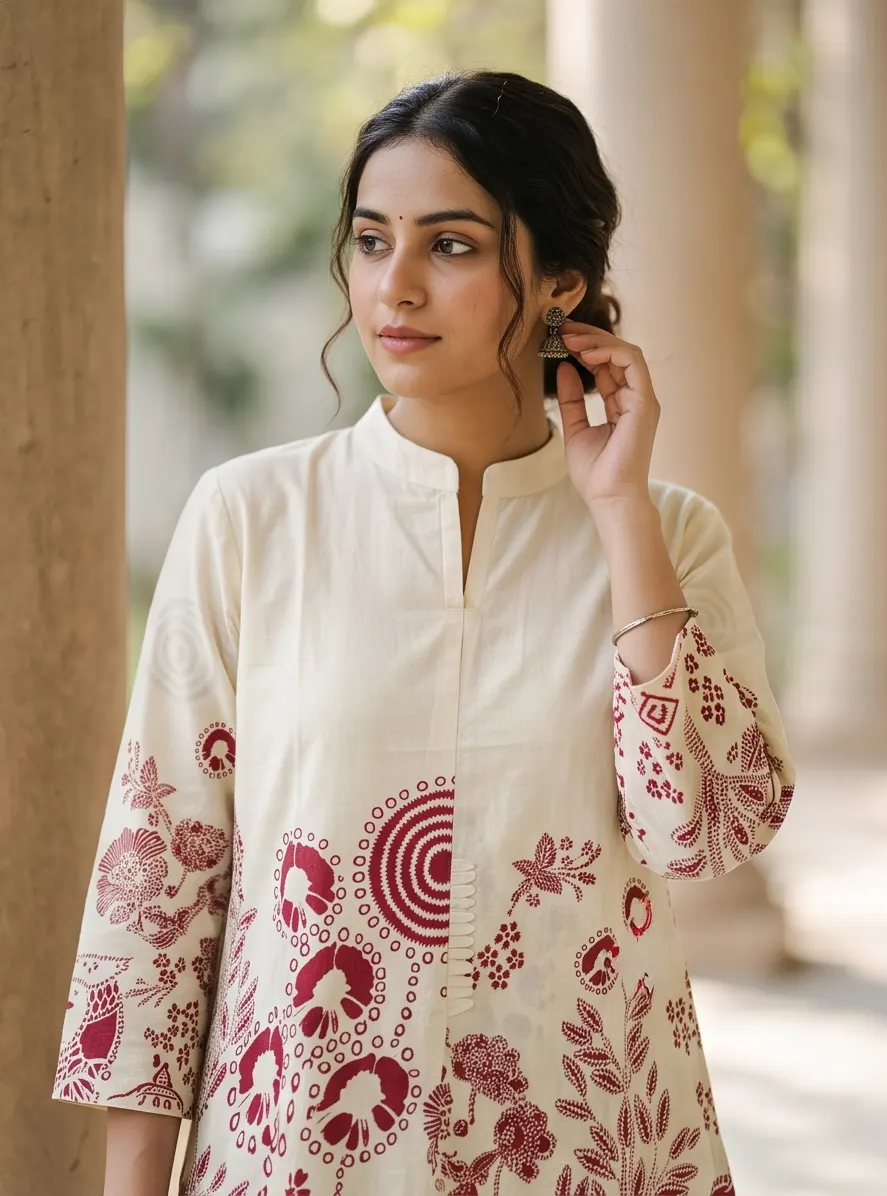 Off-White and Maroon Kalamkari Batik Print Cotton Mandarin Collar Straight Kurta and Palazzo Co-ord Set