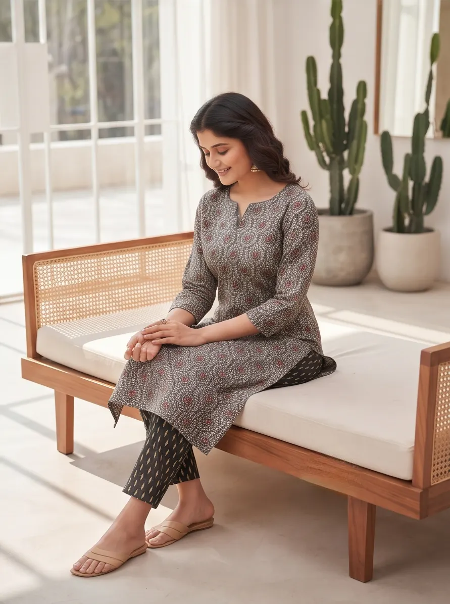 Grey and Black Block Print Cotton Straight Kurta Pant Set with Printed Dupatta