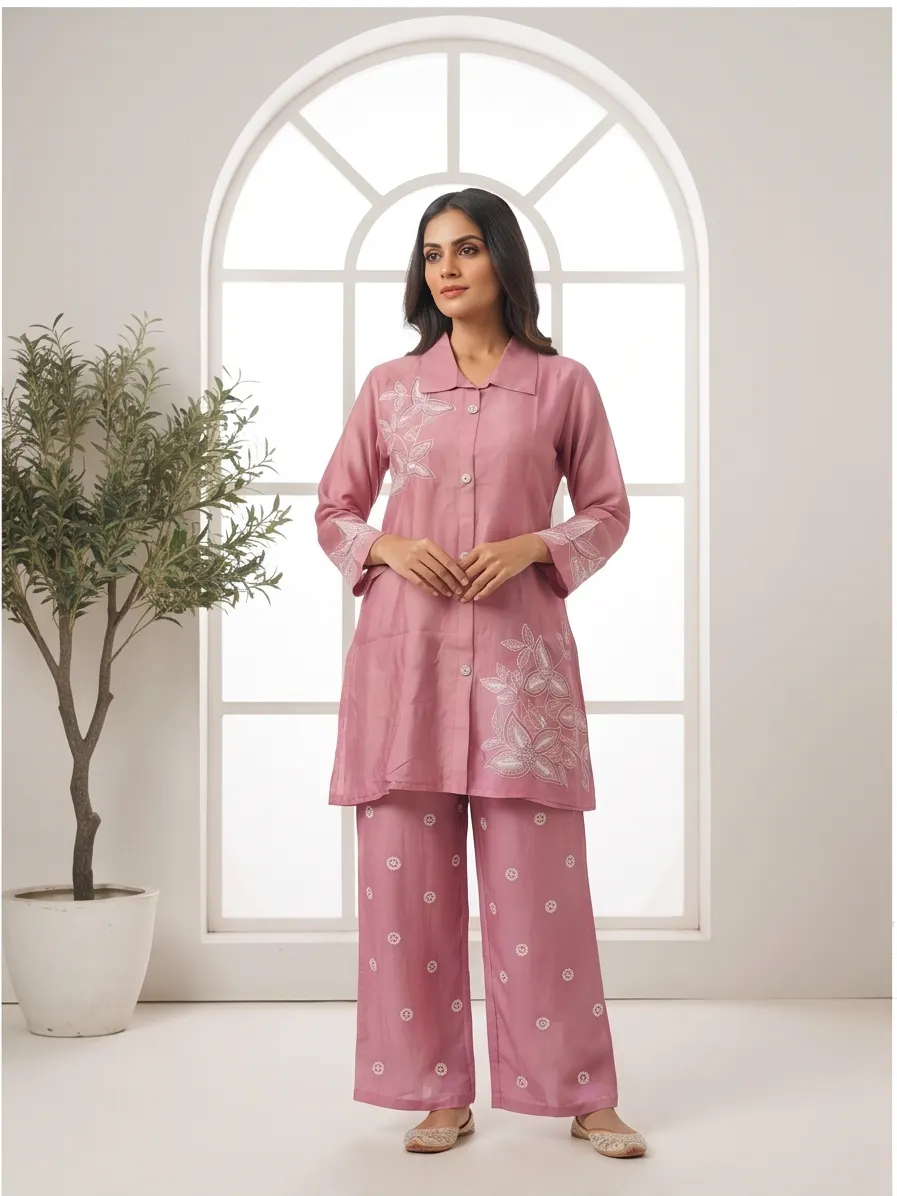 Mauve Pink Floral Appliqué Zari Embroidered Cotton Shirt Collar Tunic and Pant Co-ord Set