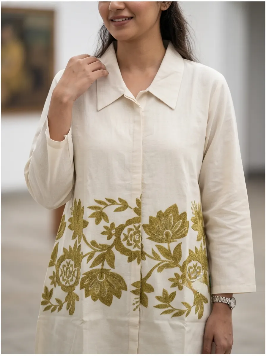 Off-White Olive Green Floral Embroidered Cotton Shirt Collar Straight Tunic and Pant Co-ord Set