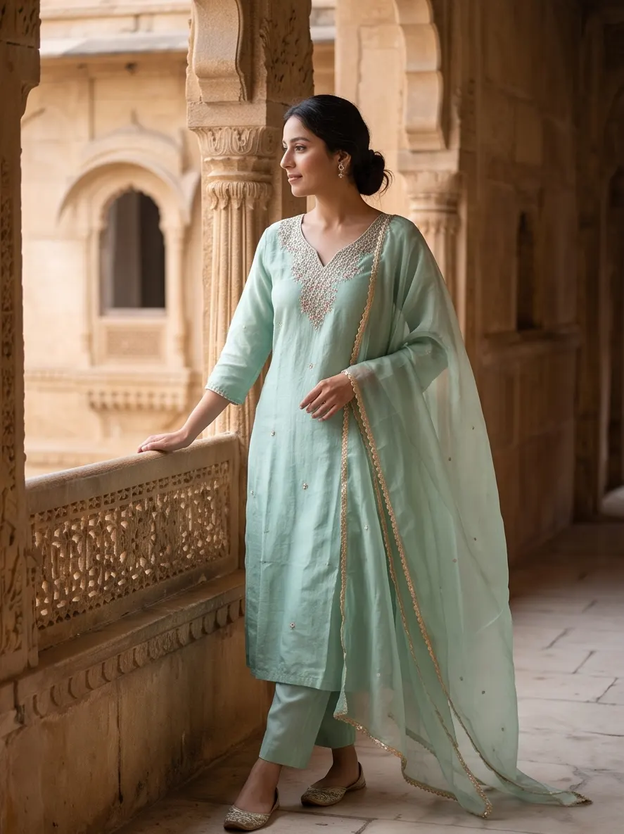 Mint Green Zari Embroidered Chanderi Silk Straight Kurta Pant Set with Scalloped Dupatta
