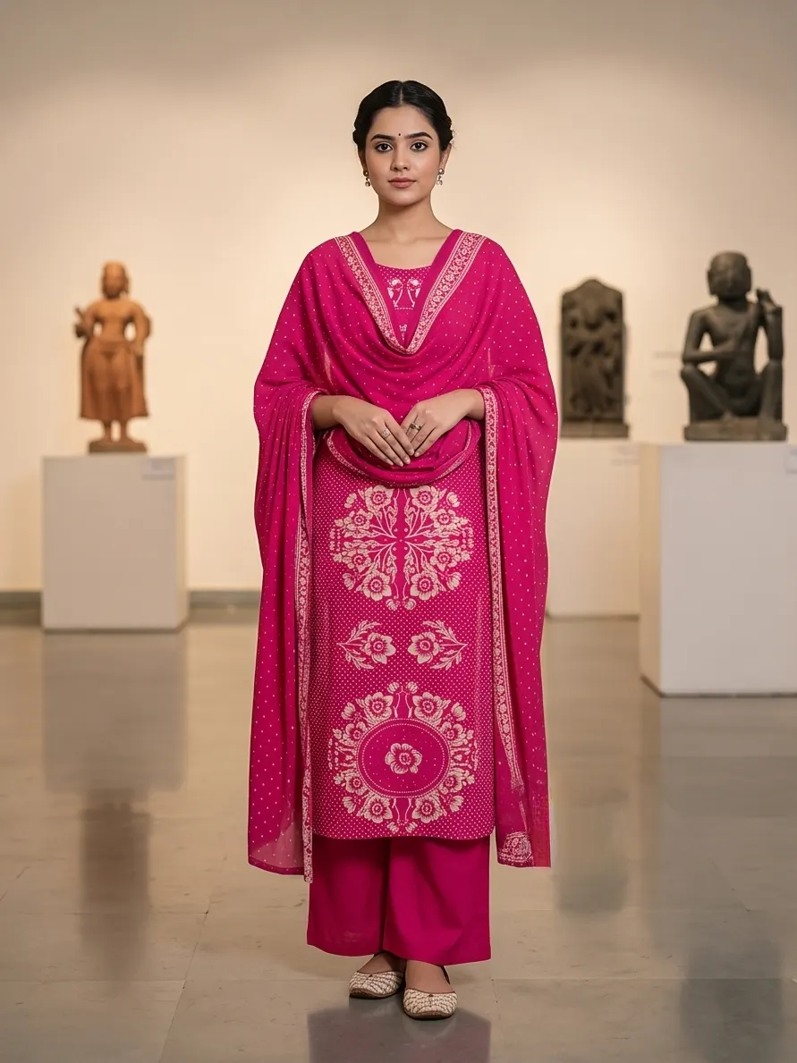 Rani Pink Bandhani Print Straight Kurta Palazzo Set with Dupatta