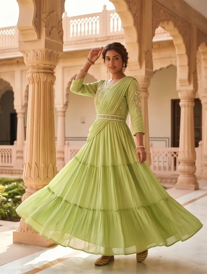 Pista Green Floral Embroidered Georgette Draped Style Tiered Anarkali Gown with Belt