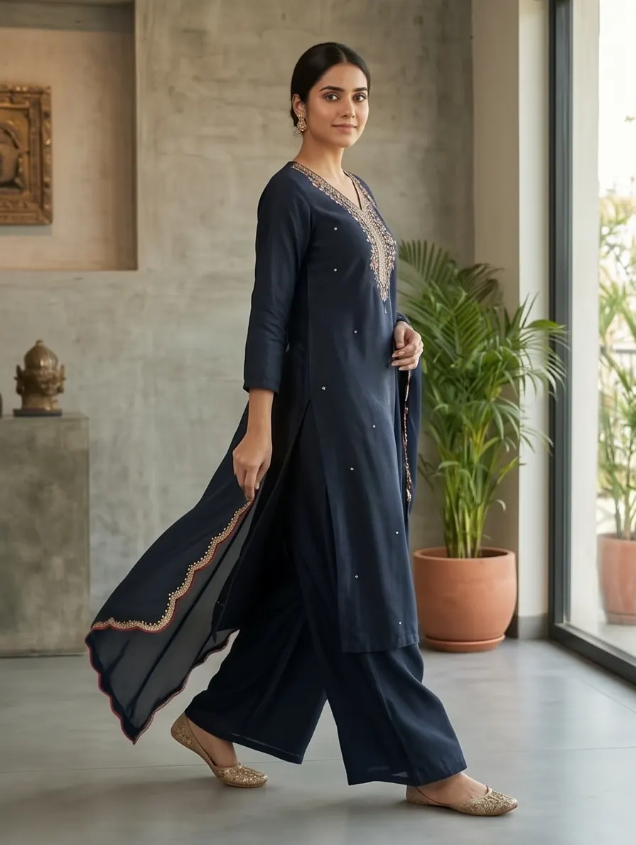 Midnight Blue Floral Neck Embroidered Silk Straight Kurta Palazzo Set with Scalloped Dupatta