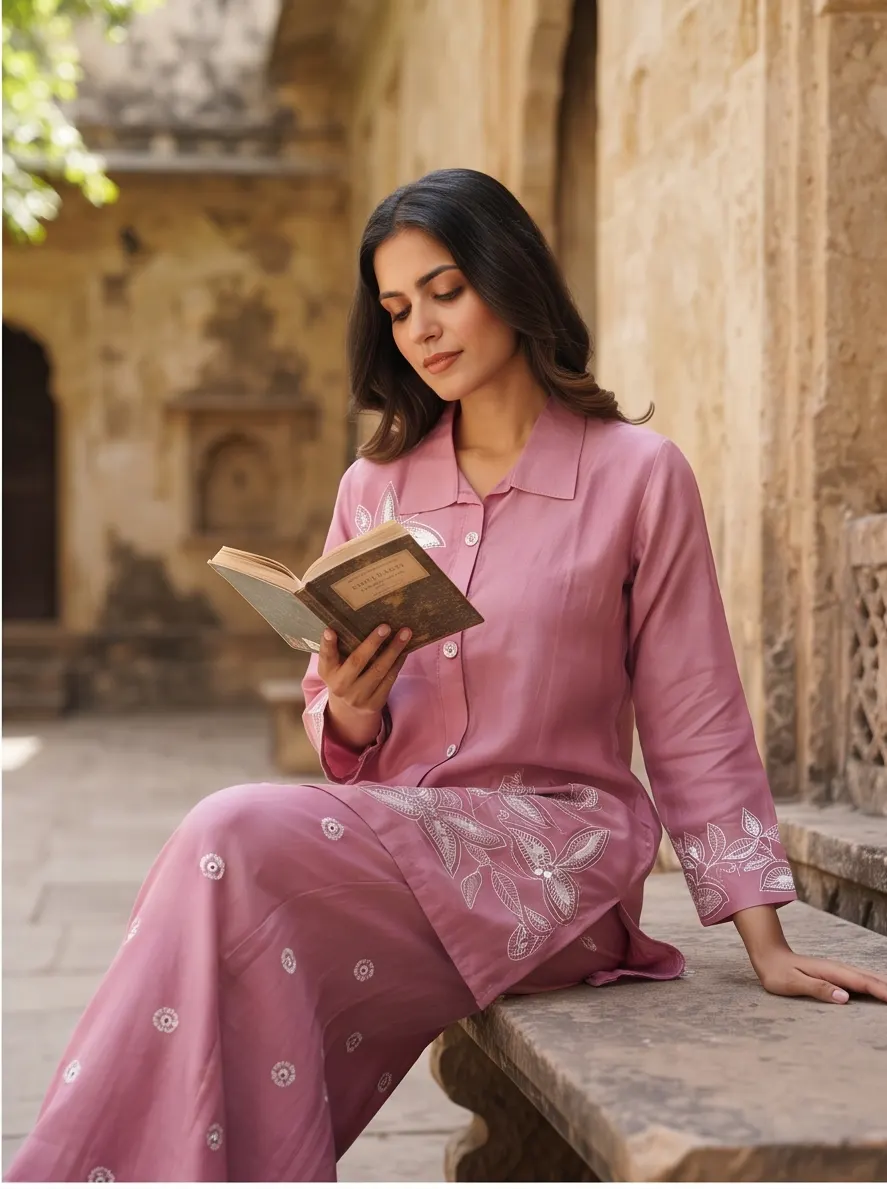Mauve Pink Floral Appliqué Zari Embroidered Cotton Shirt Collar Tunic and Pant Co-ord Set