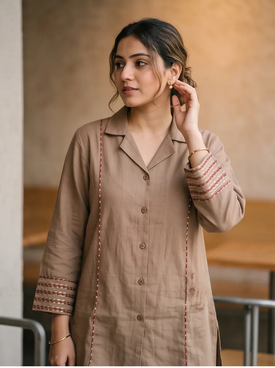 Beige Brown Floral Back Embroidered Cotton Notch Collar Tunic and Pant Co-ord Set