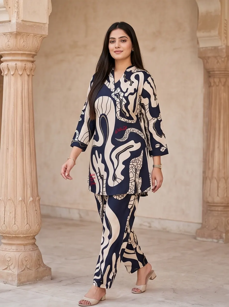 Navy Blue Abstract Printed Silk Blend V-Neck Tunic and Pant Co-ord Set