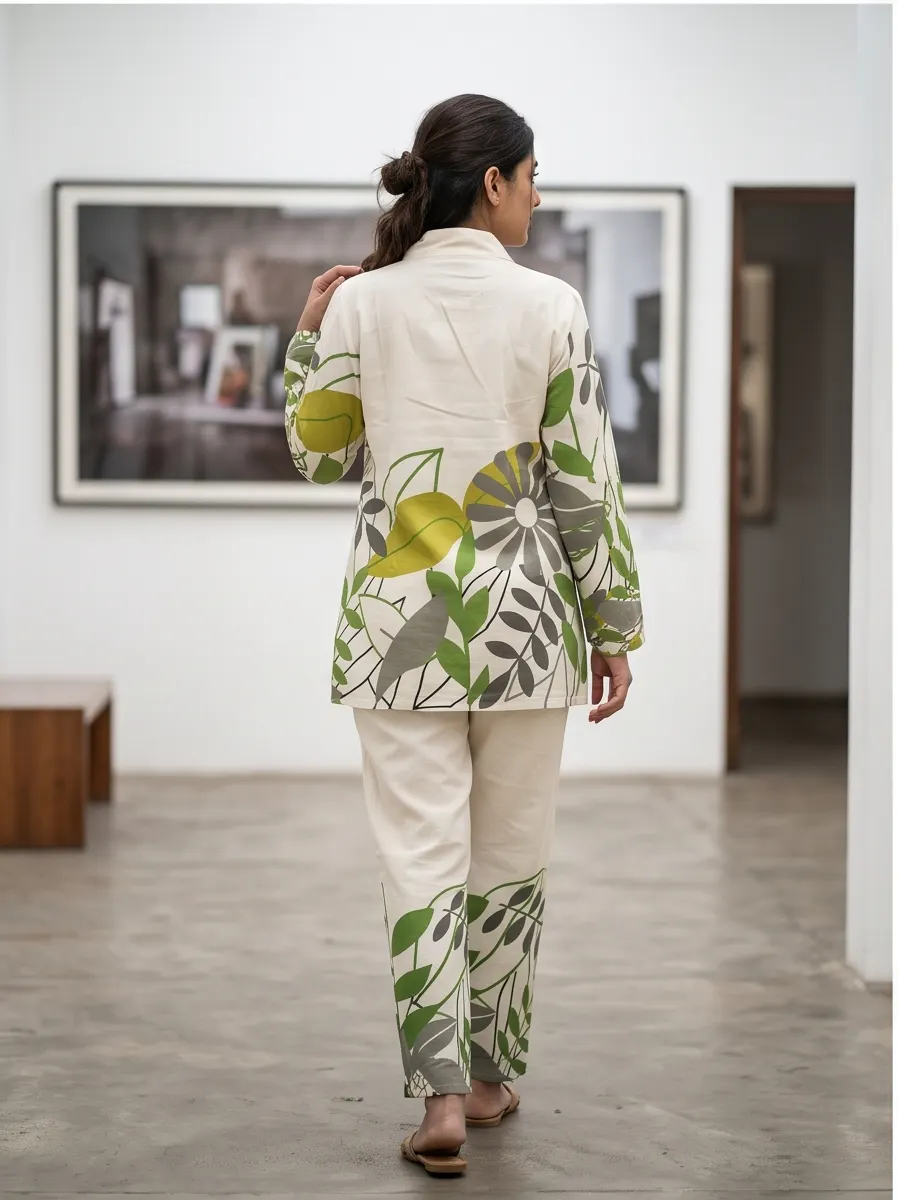 Off-White Olive Green Botanical Leaf Print Cotton Lapel Collar Tunic and Pant Co-ord Set