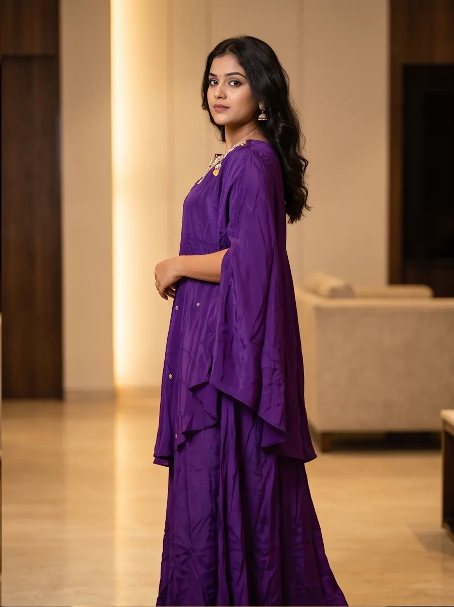 Purple Hand Embroidered Silk Kaftan Tunic and Palazzo Co-ord Set