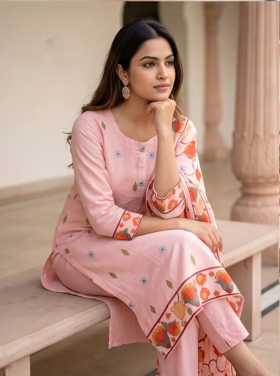 Peach Pink Floral Printed Cotton Straight Kurta Pant Set with Dupatta