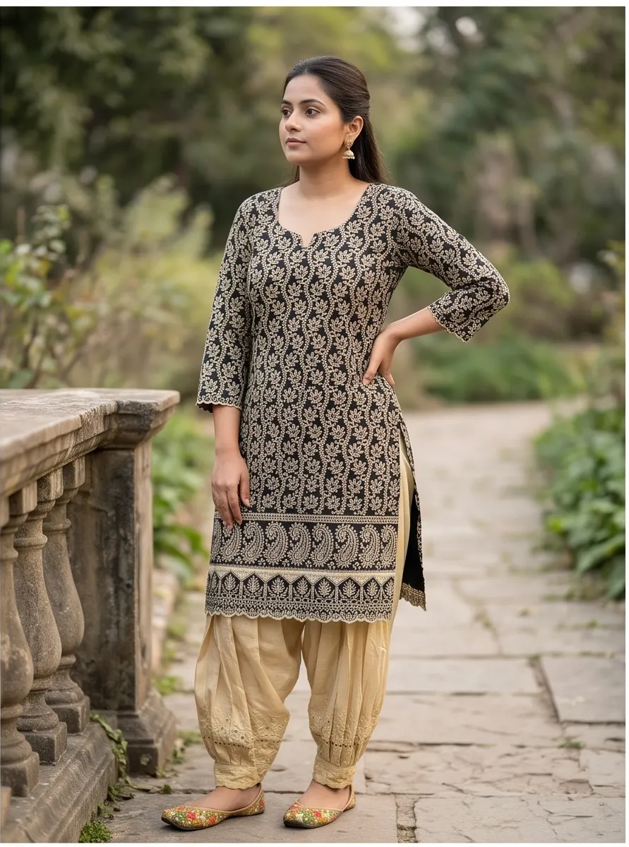 Black and Beige Floral Print Cotton Short Kurta and Pleated Dhoti Pant Set with Cutwork Hem