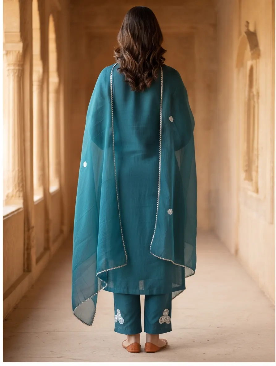 Teal Blue Floral Appliqué Zari Embroidered Chanderi Silk Straight Kurta Pant Set with Organza Dupatta