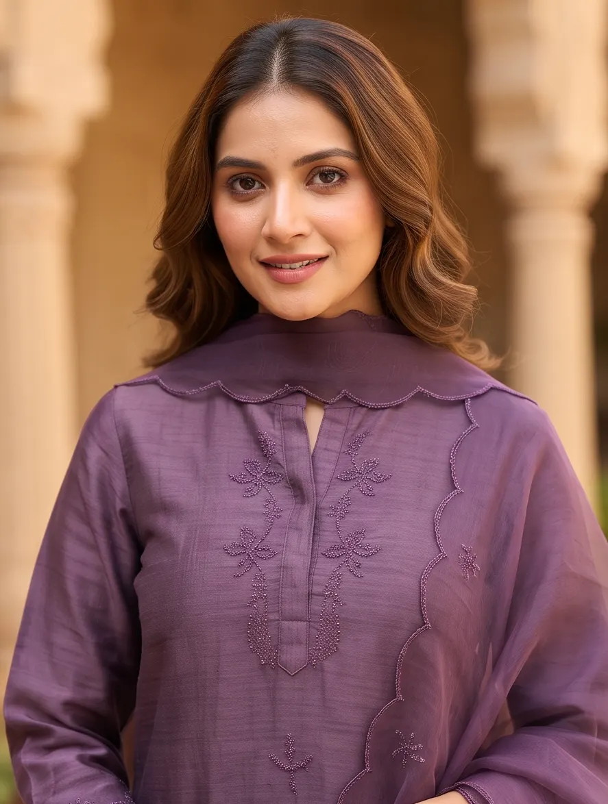 Dusty Purple Thread Embroidered Chanderi Silk Straight Kurta Pant Set with Scalloped Organza Dupatta