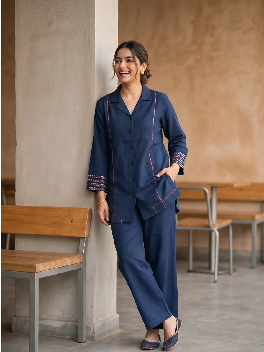 Navy Blue Floral Back Embroidered Cotton Notch Collar Tunic and Pant Co-ord Set