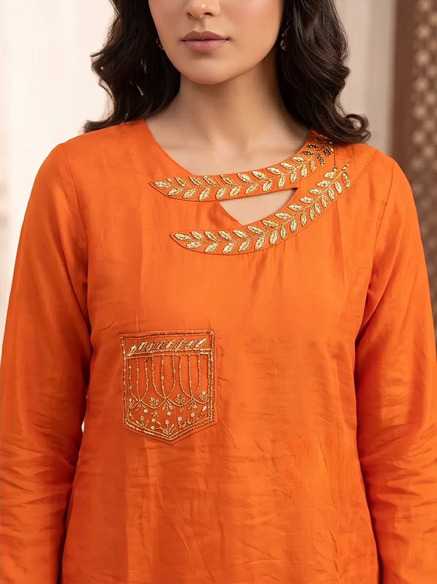 Rust Orange Cut-Out Neck Zari Embroidered Silk Straight Kurta and Palazzo Set