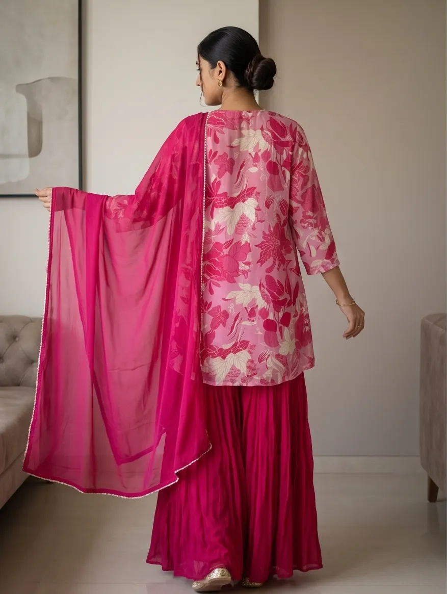 Rani Pink Floral Print Embroidered Georgette Jacket Crop Top and Sharara Set with Dupatta