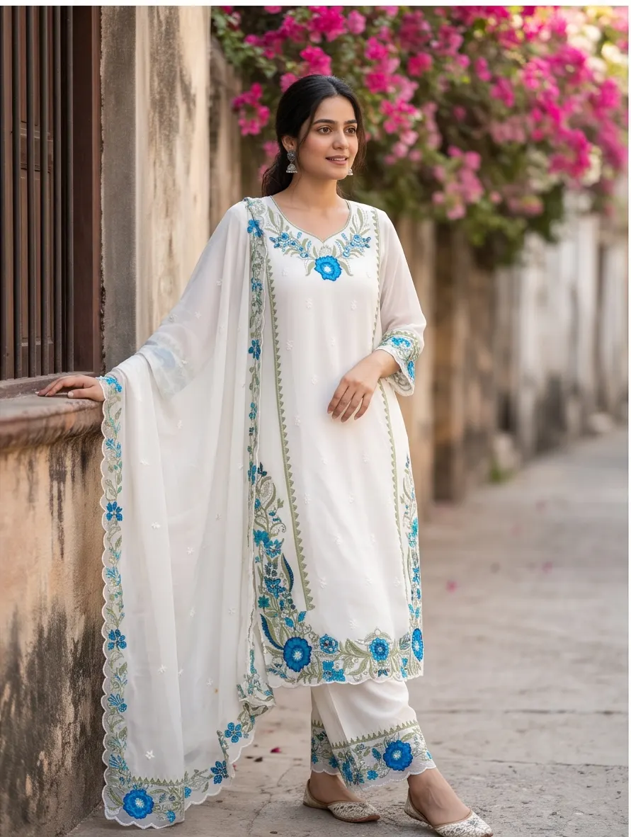 White and Teal Blue Floral Embroidered Cotton Straight Kurta Pant Set with Scalloped Dupatta