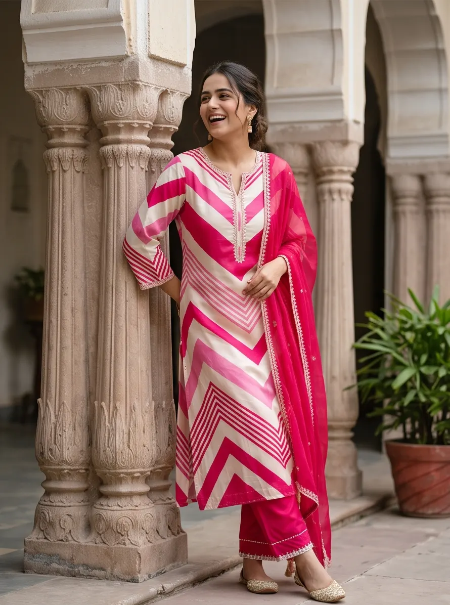 Fuchsia Pink and Off-White Chevron Leheriya Print Silk Kurta Pant Set with Dupatta