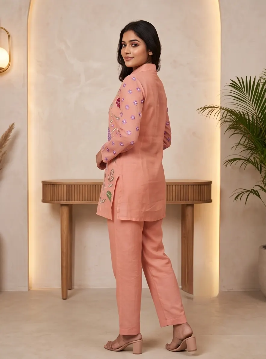 Peach Floral Thread Embroidered Silk Blend Shirt Collar Tunic and Pant Co-ord Set