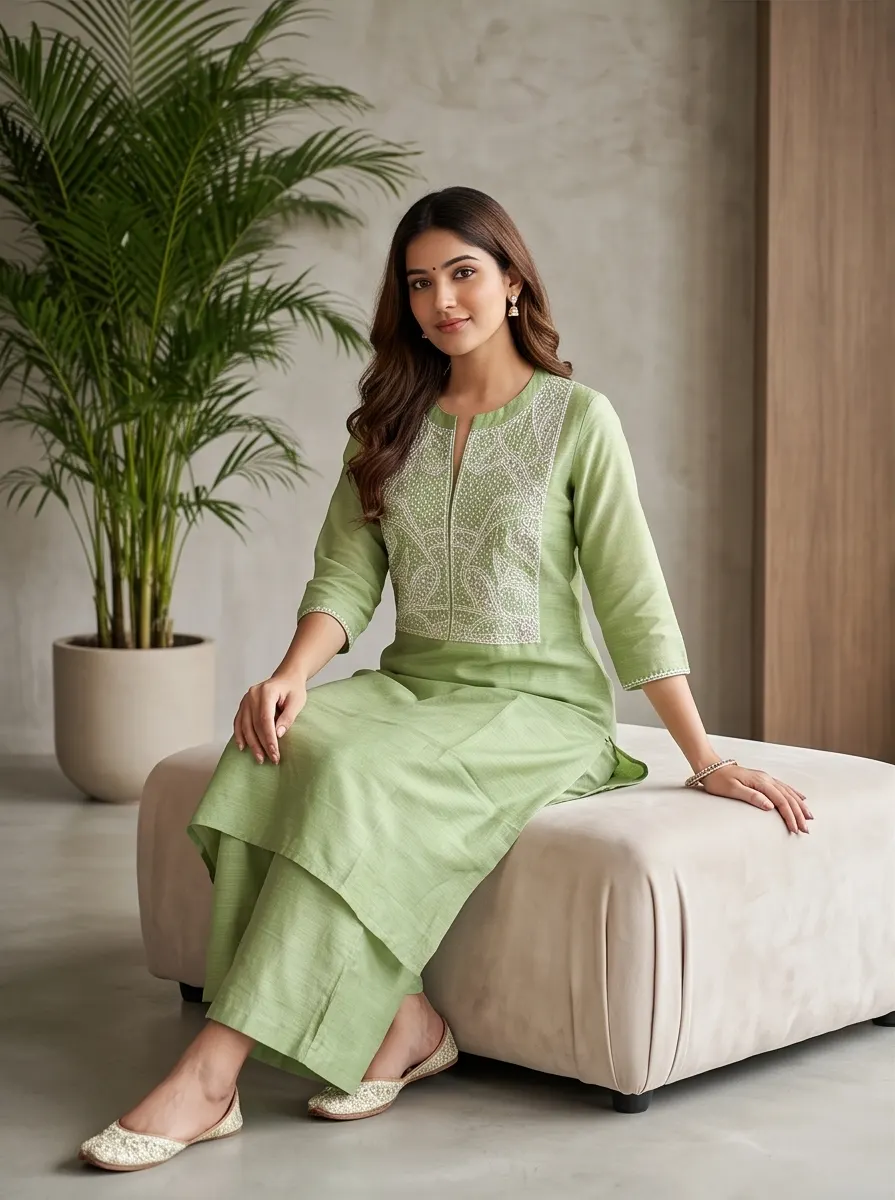 Pistachio Green Floral Thread Embroidered Silk Blend Tunic and Pant Co-ord Set