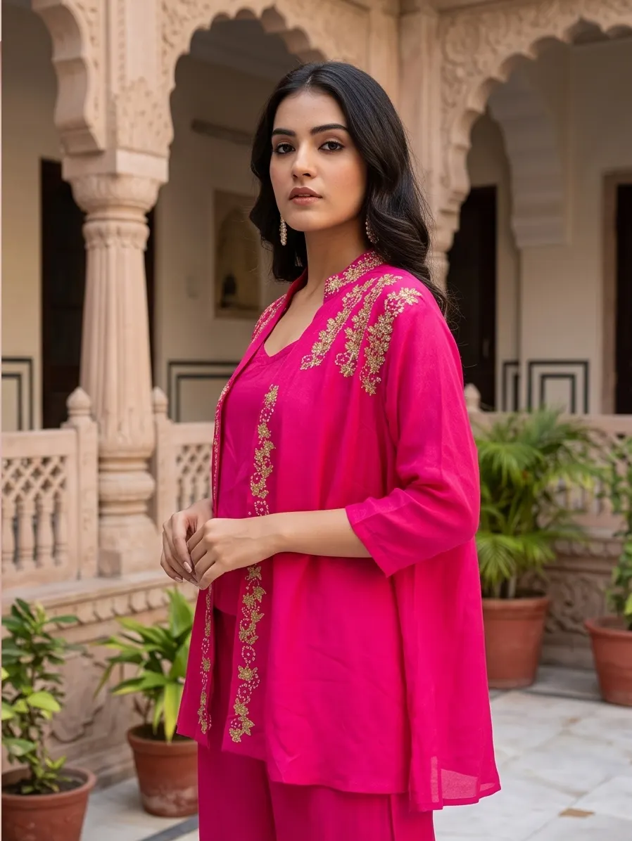Rani Pink Embroidered Jacket Style Tunic and Flared Palazzo Co-ord Set