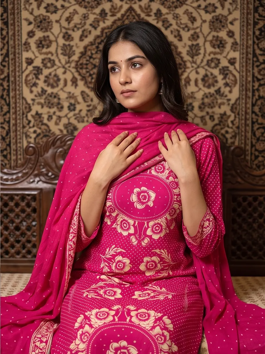 Rani Pink Bandhani Print Straight Kurta Palazzo Set with Dupatta