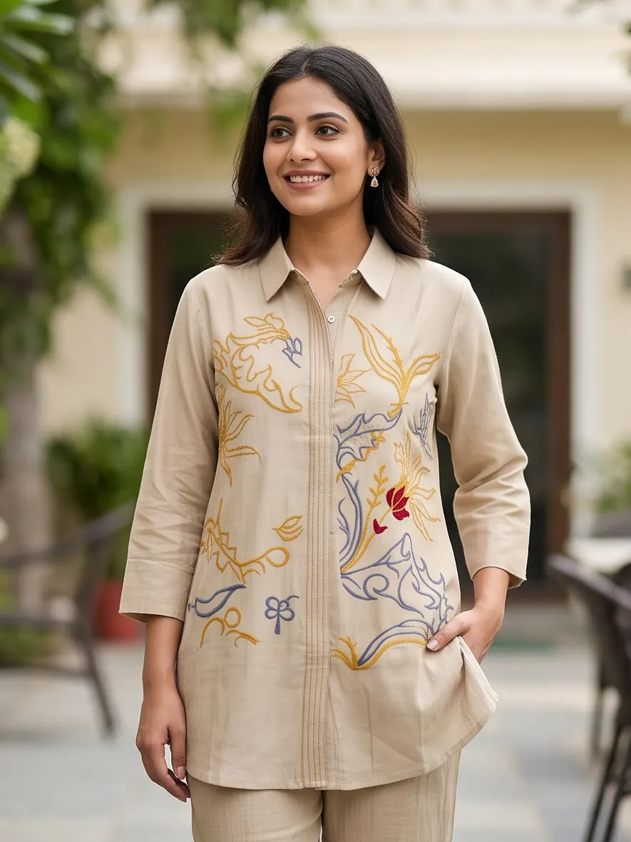 Beige Abstract Floral Embroidered Cotton Shirt Collar Tunic and Pant Co-ord Set