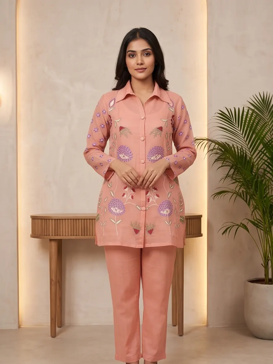 Peach Floral Thread Embroidered Silk Blend Shirt Collar Tunic and Pant Co-ord Set
