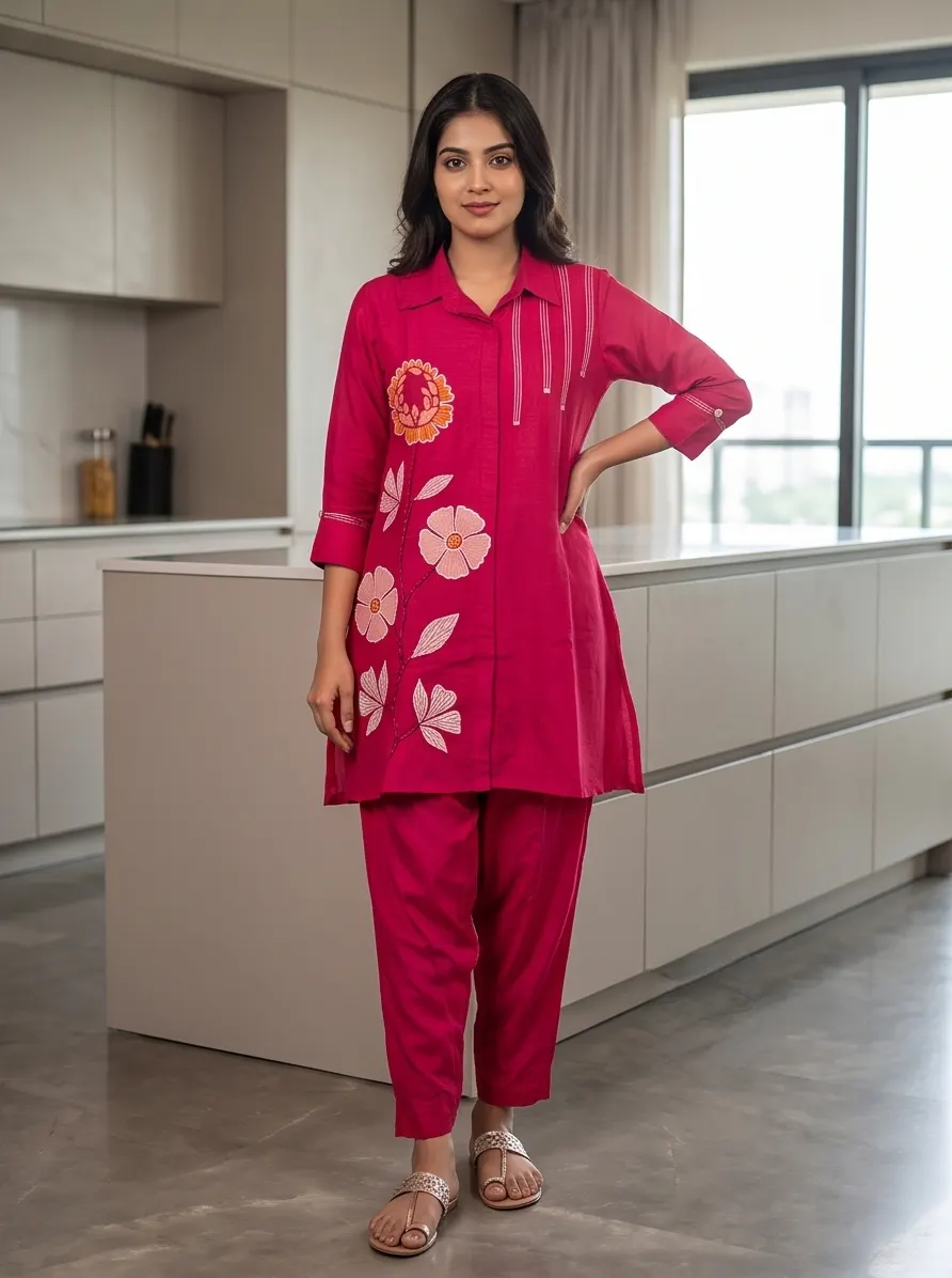 Rani Pink Floral Patch Embroidered Silk Blend Collar Tunic and Pant Co-ord Set