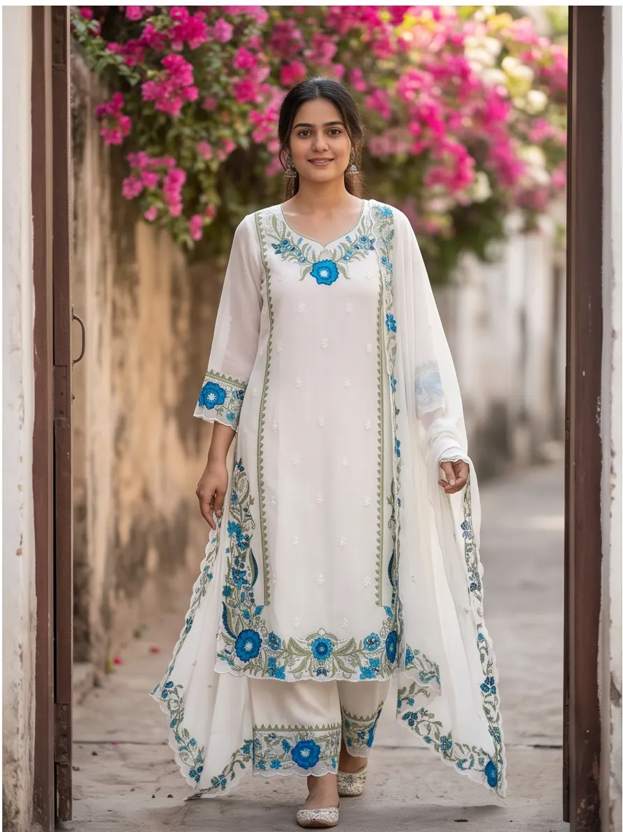 White and Teal Blue Floral Embroidered Cotton Straight Kurta Pant Set with Scalloped Dupatta
