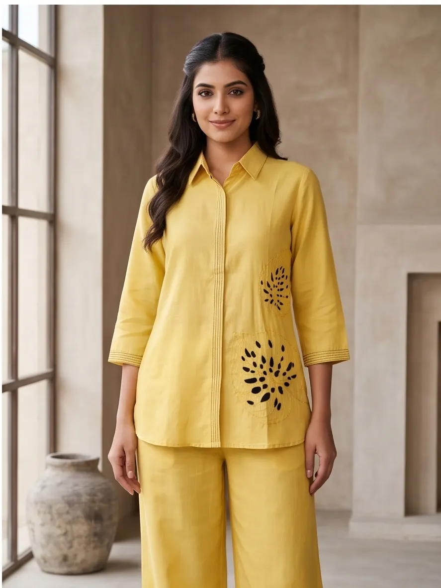 Yellow Cutwork Embroidered Cotton Shirt Collar Tunic and Wide Leg Pant Co-ord Set