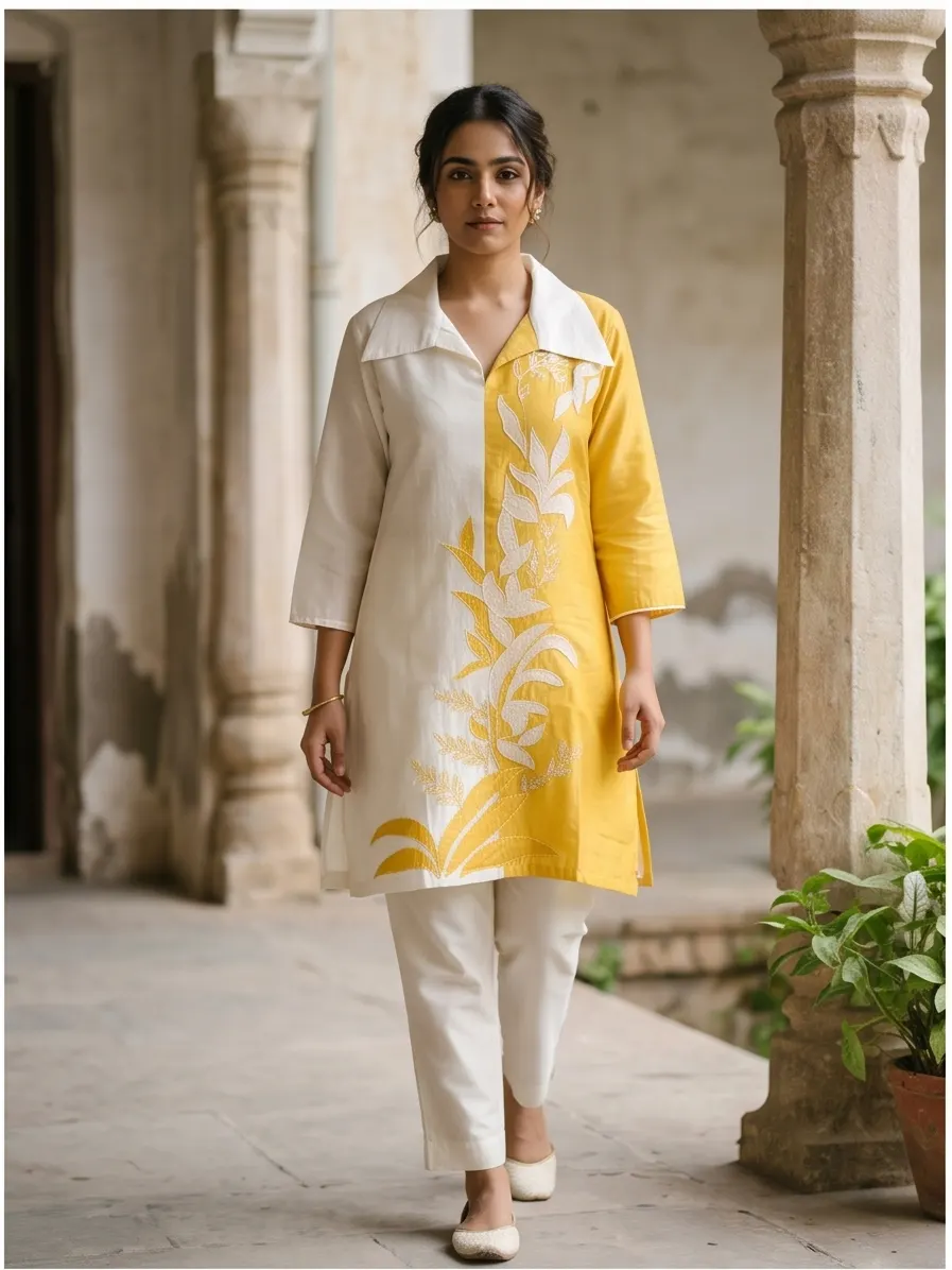 Off-White and Mustard Yellow Floral Embroidered Colorblock Cotton Tunic and Pant Co-ord Set