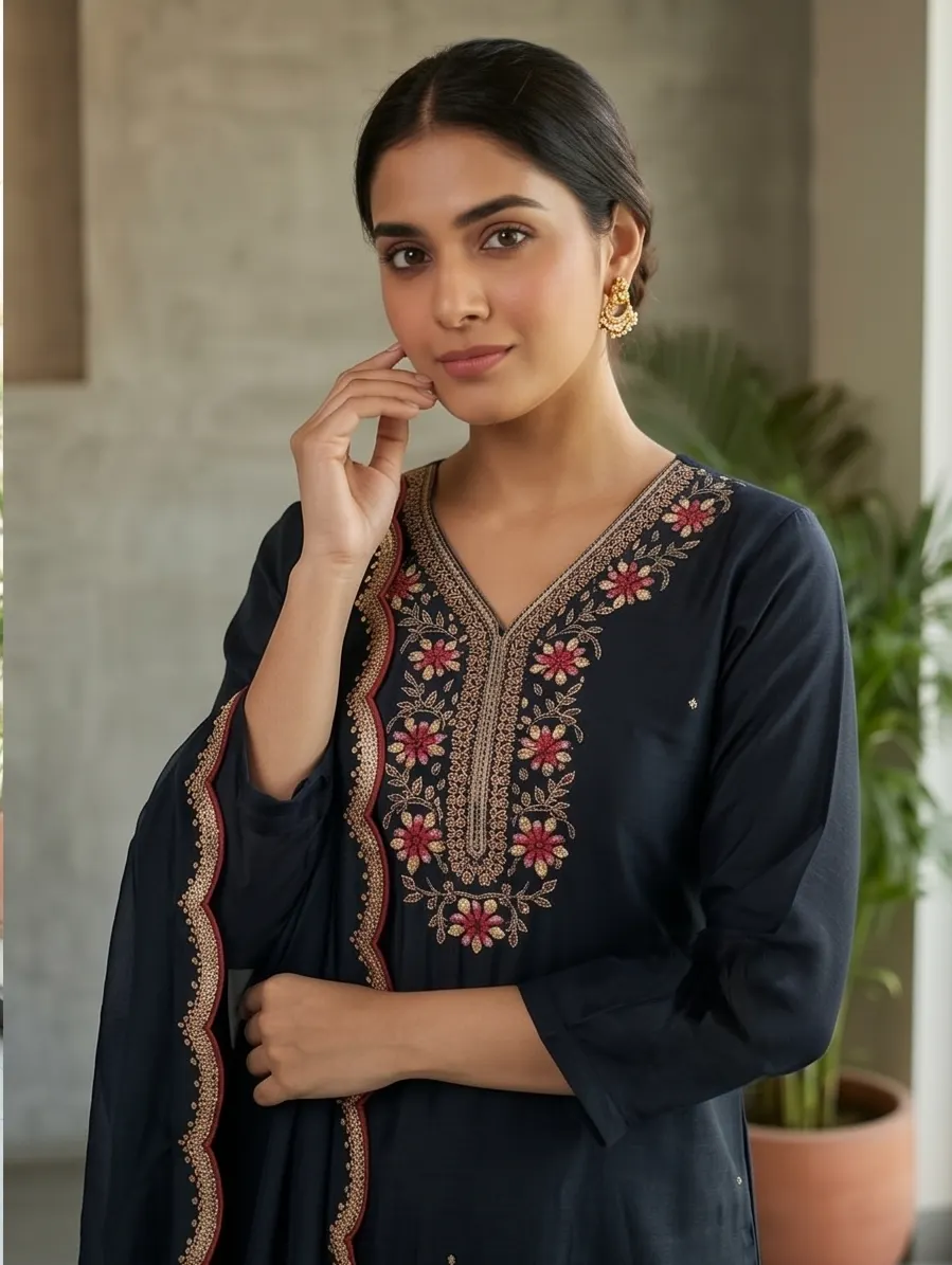 Midnight Blue Floral Neck Embroidered Silk Straight Kurta Palazzo Set with Scalloped Dupatta