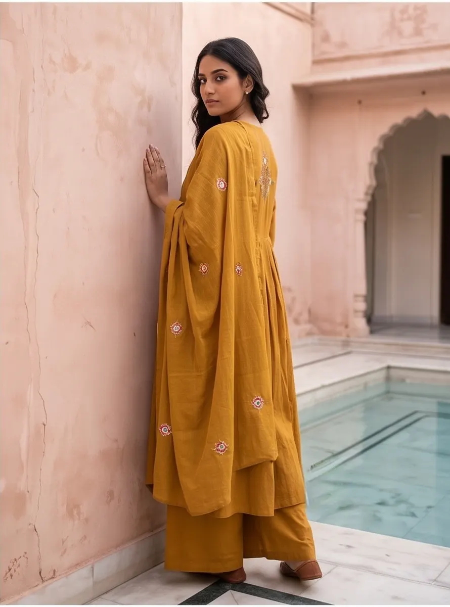 Mustard Yellow Gathered Anarkali Kurta and Palazzo Set with Embroidered Dupatta