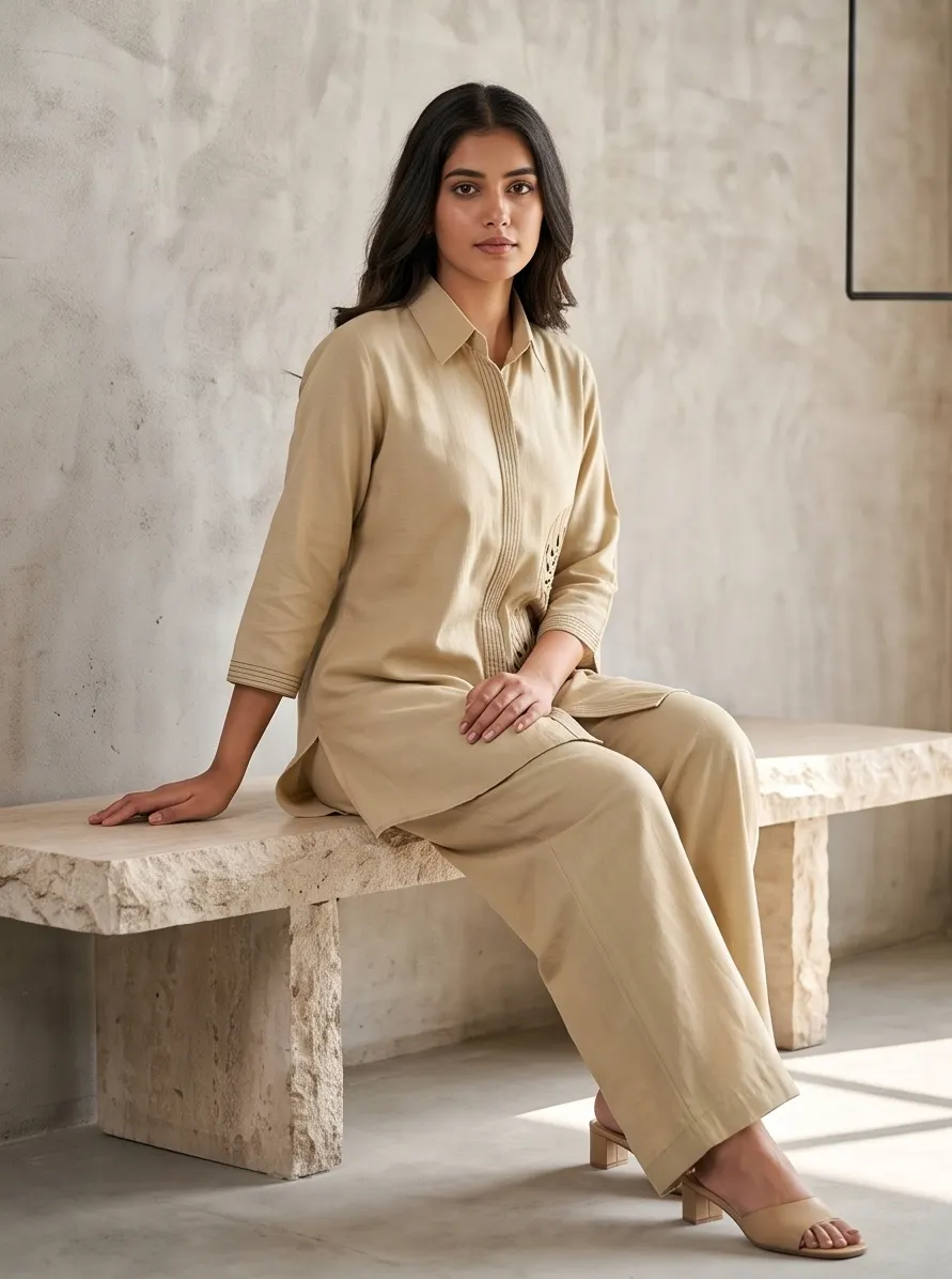 Light Brown Cutwork Embroidered Cotton Shirt Collar Tunic and Wide Leg Pant Co-ord Set
