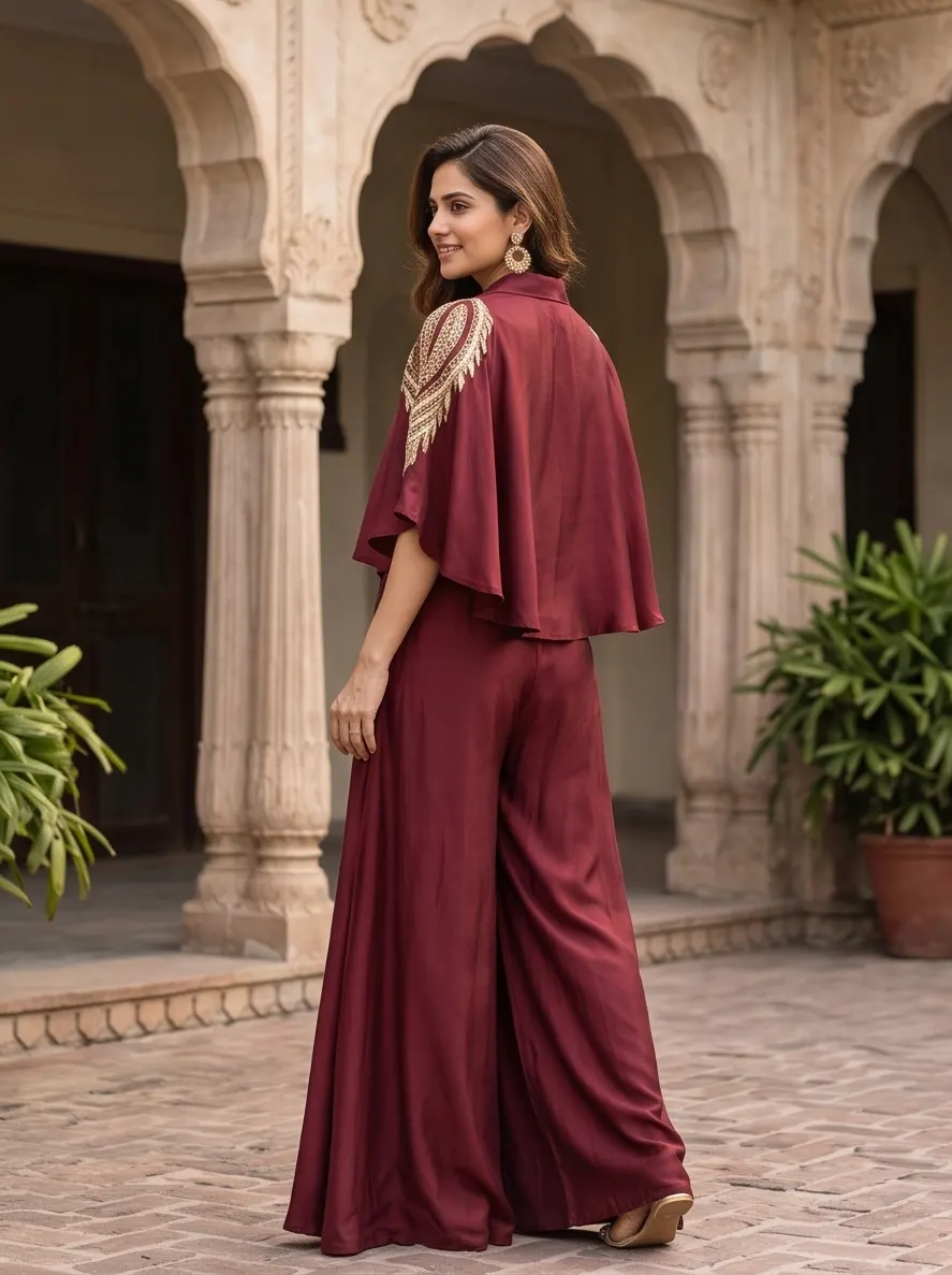 Wine Red Zari Shoulder Embroidered Silk Lapel Crop Top and Flared Palazzo Co-ord Set