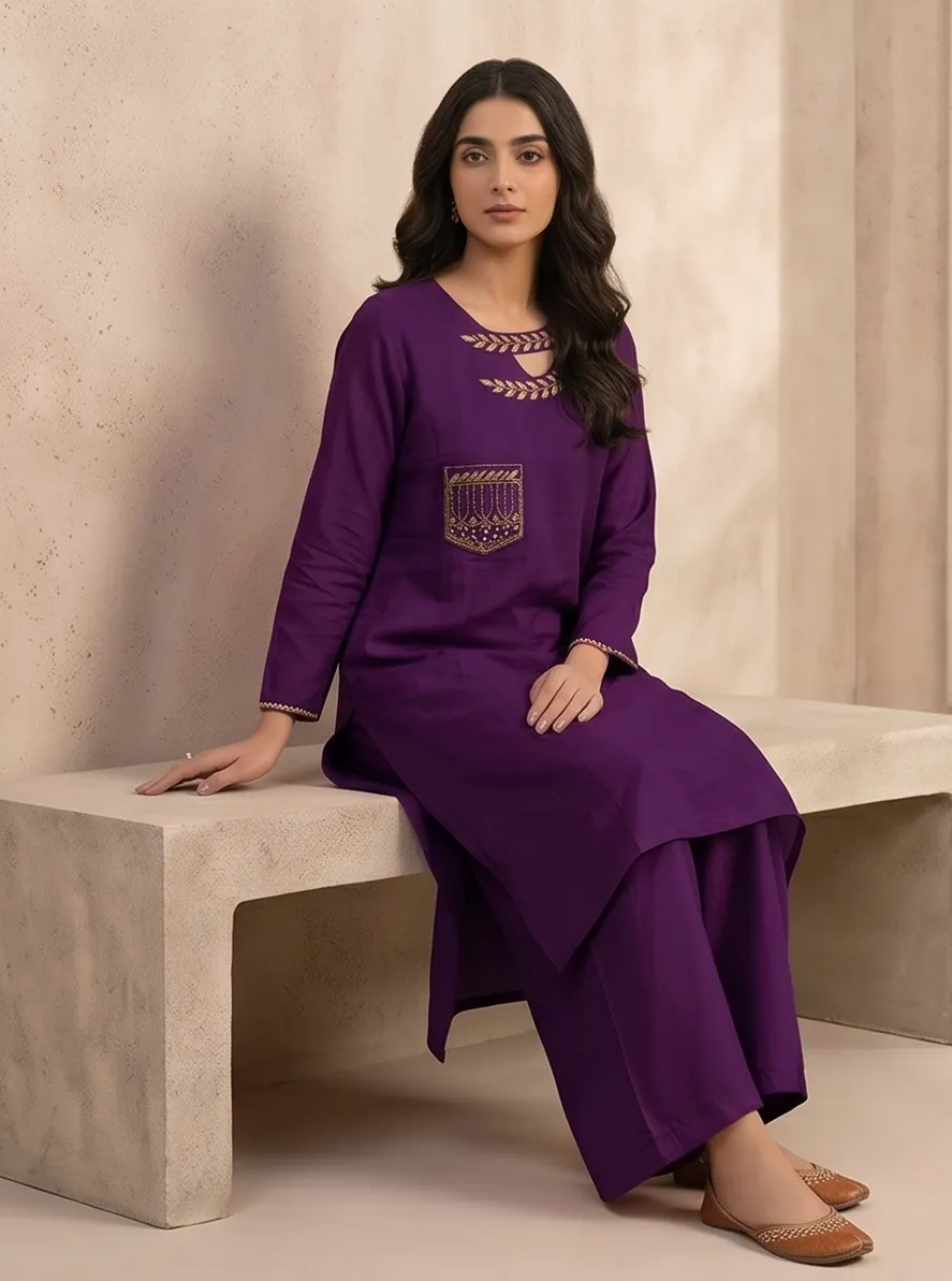 Deep Purple Cut-Out Neck Zari Embroidered Silk Straight Kurta and Palazzo Set