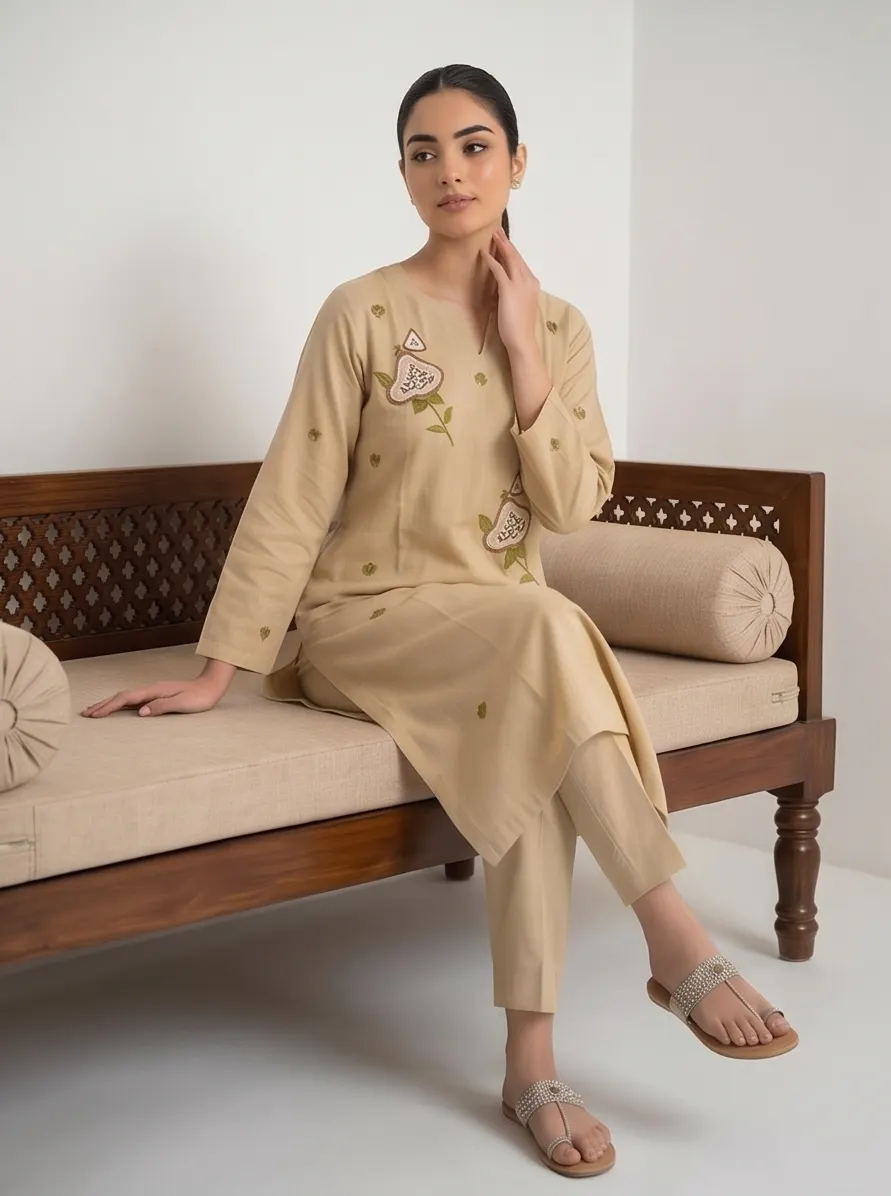 Light Brown Floral Embroidered Cotton Straight Kurta Pant Set with Brown Dupatta