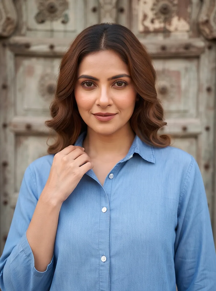 Light Blue Cotton Shirt Collar Tunic and Pant Co-ord Set
