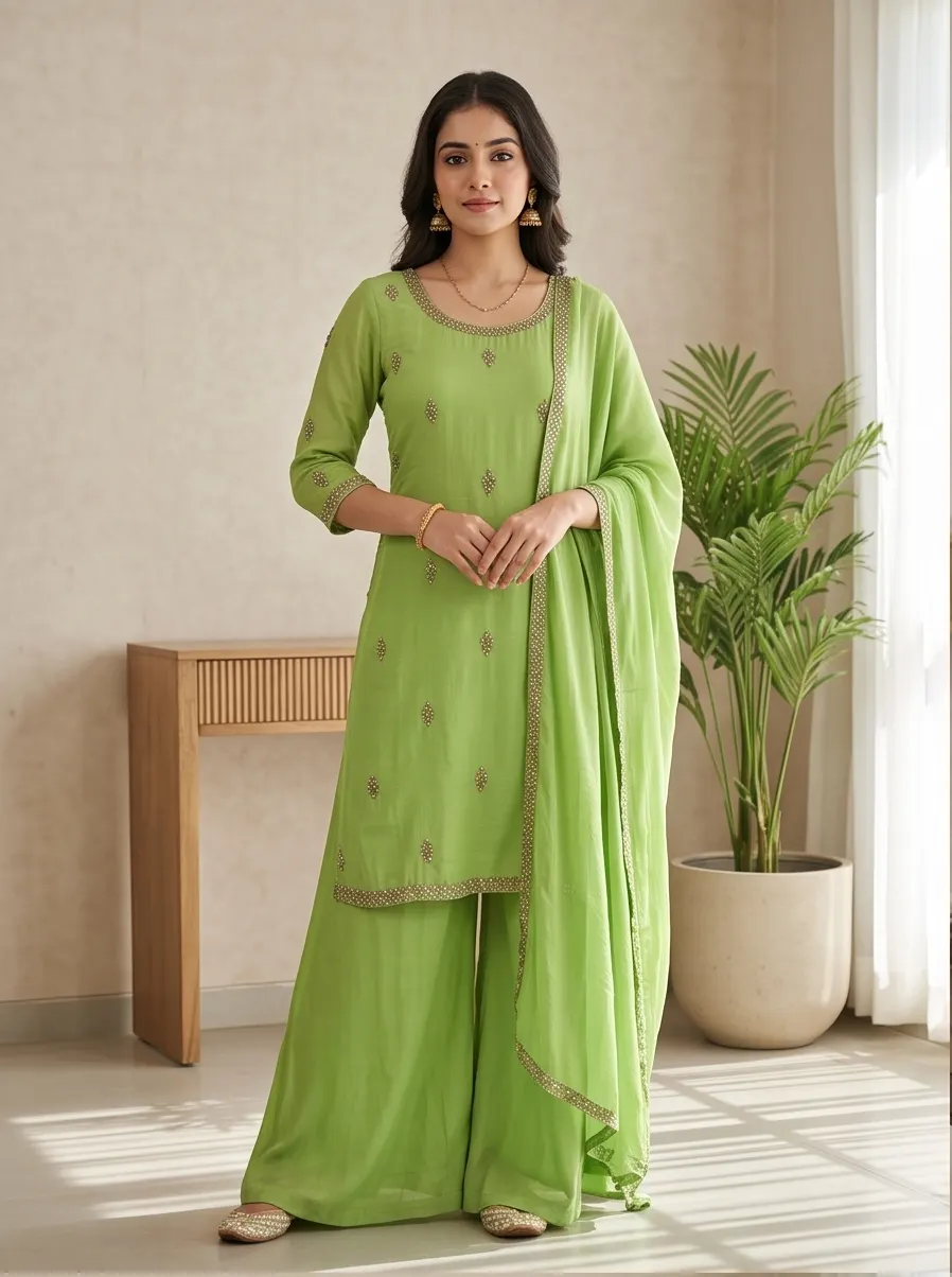 Light Green Muted Zari Embroidered Silk Straight Kurta Palazzo Set with Dupatta