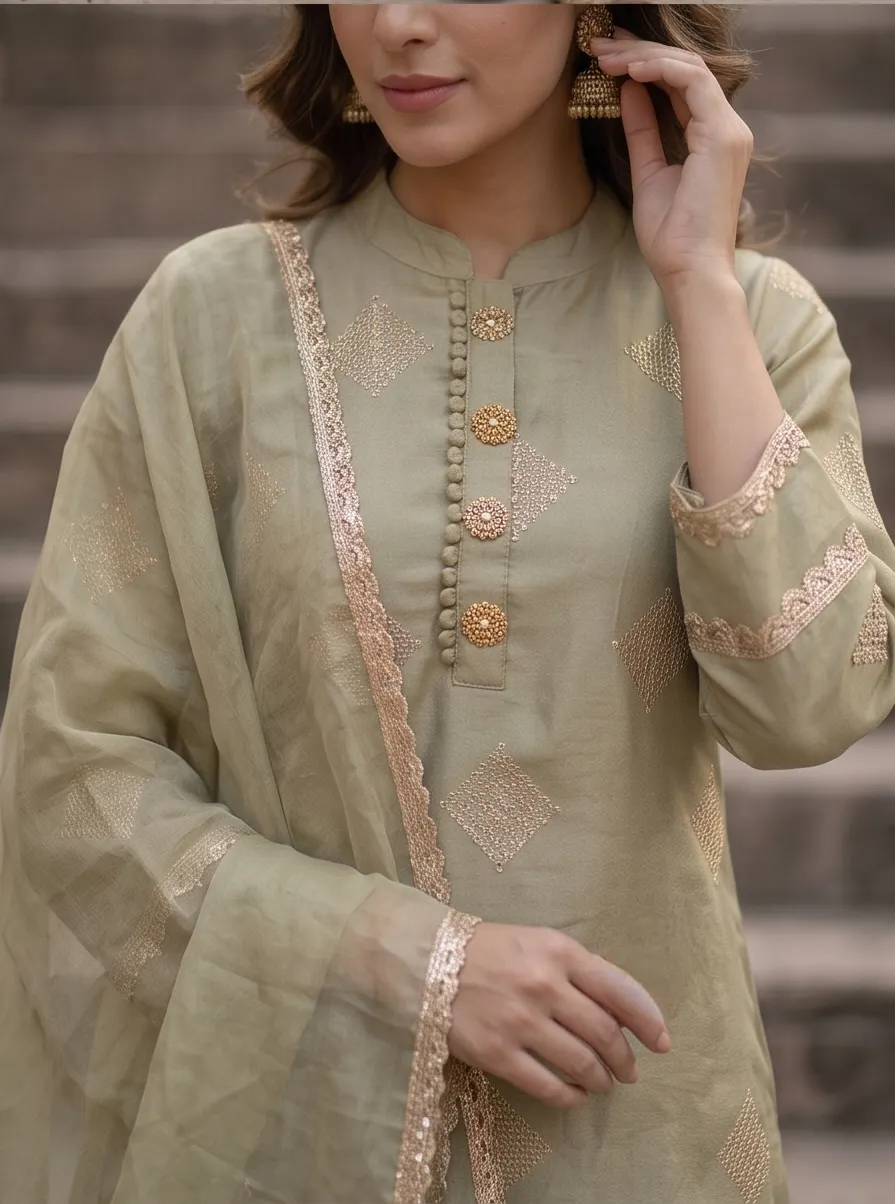 Sage Green Zari Embroidered Chanderi Silk Straight Kurta Pant Set with Dupatta