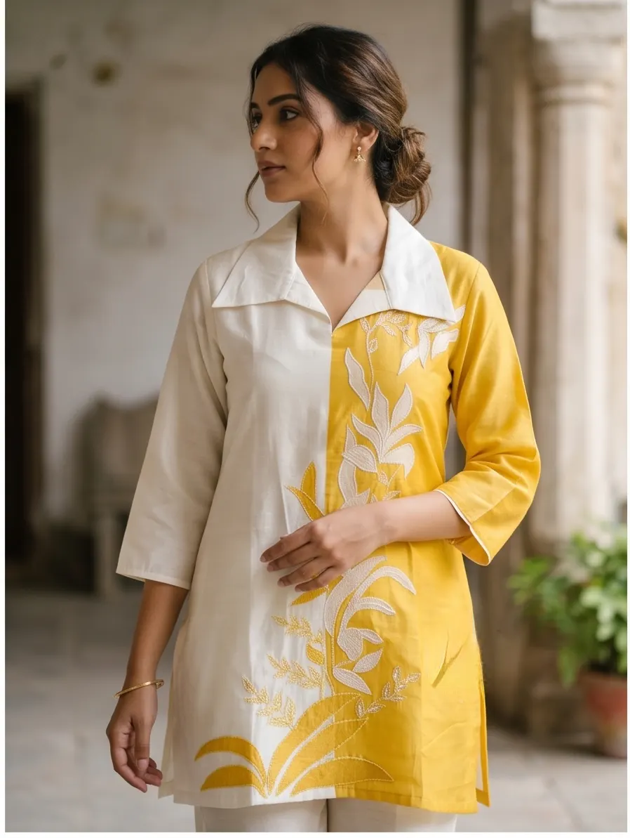 Off-White and Mustard Yellow Floral Embroidered Colorblock Cotton Tunic and Pant Co-ord Set